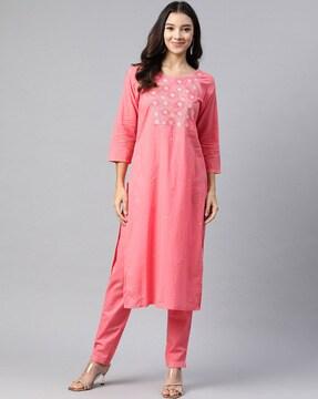 women floral embroidered straight kurta & pants set