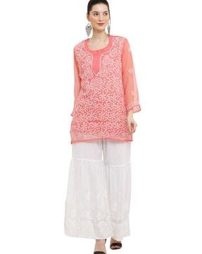 women floral embroidered straight kurta & sharara set