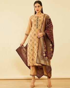 women floral embroidered straight kurta set with dupatta