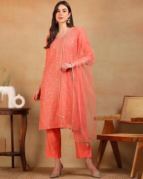 women floral embroidered straight kurta set with dupatta