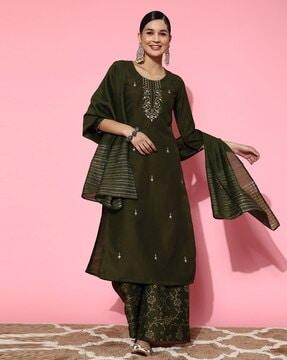 women floral embroidered straight kurta with palazzos & dupatta
