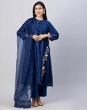 women floral embroidered straight kurta with pants & dupatta