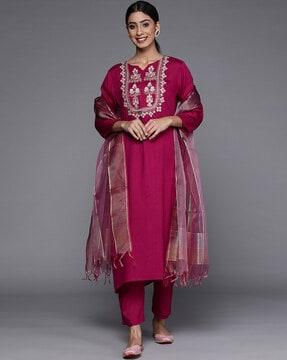 women floral embroidered straight kurta with pants & dupatta