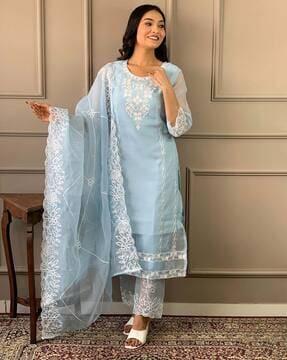 women floral embroidered straight kurta with pants & dupatta