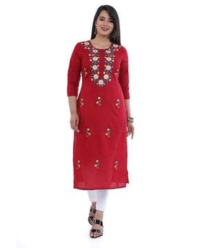 women floral embroidered straight kurta