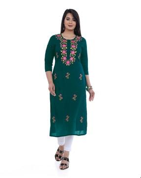 women floral embroidered straight kurta