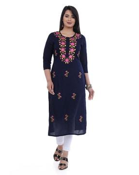 women floral embroidered straight kurta