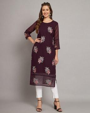 women floral embroidered straight kurti