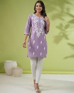 women floral embroidered straight tunic