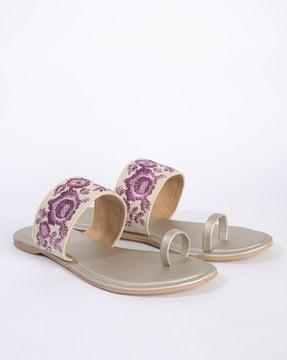 women floral embroidered toe-ring flat sandals