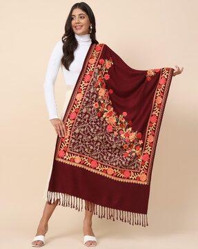 women floral embroidererd shawl with fringes