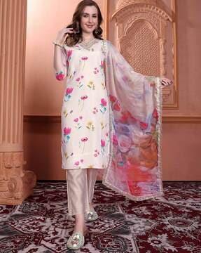 women floral embroidery straight kurta set