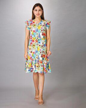 women floral fit & flare dress with v-neck