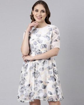 women floral fit & flared dress with round neck