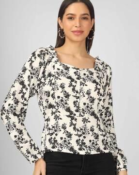 women floral fitted blouson top with square neck