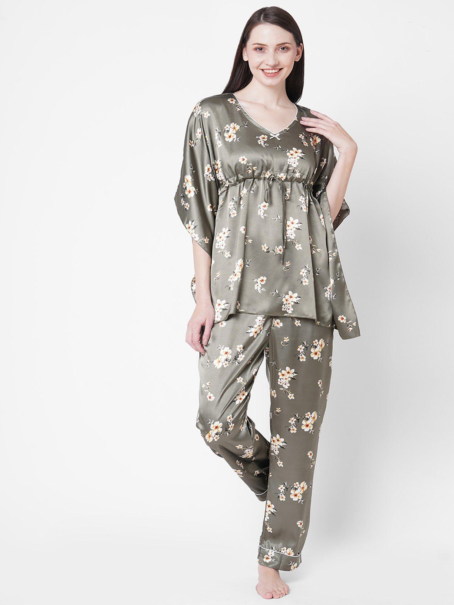 women floral flared sleeves v-neck grey satin kaftan & pyjama set