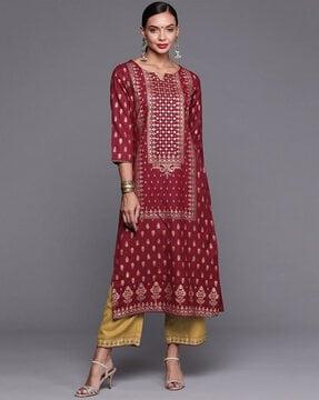 women floral foil print straight kurta with palazzos