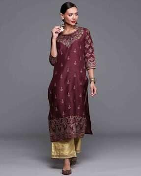 women floral foil print straight kurta with palazzos