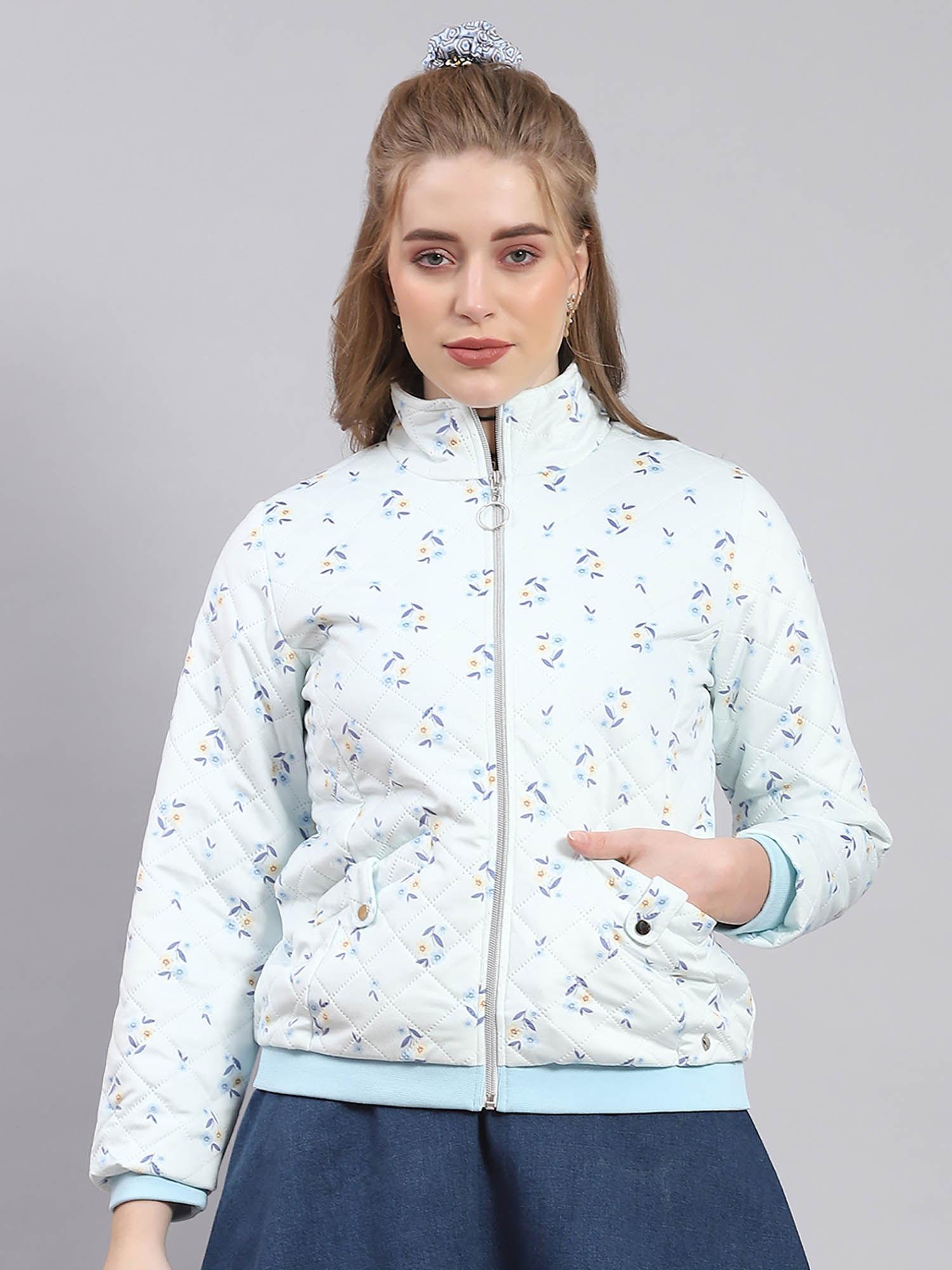 women floral full sleeves high neck blue puffer jacket