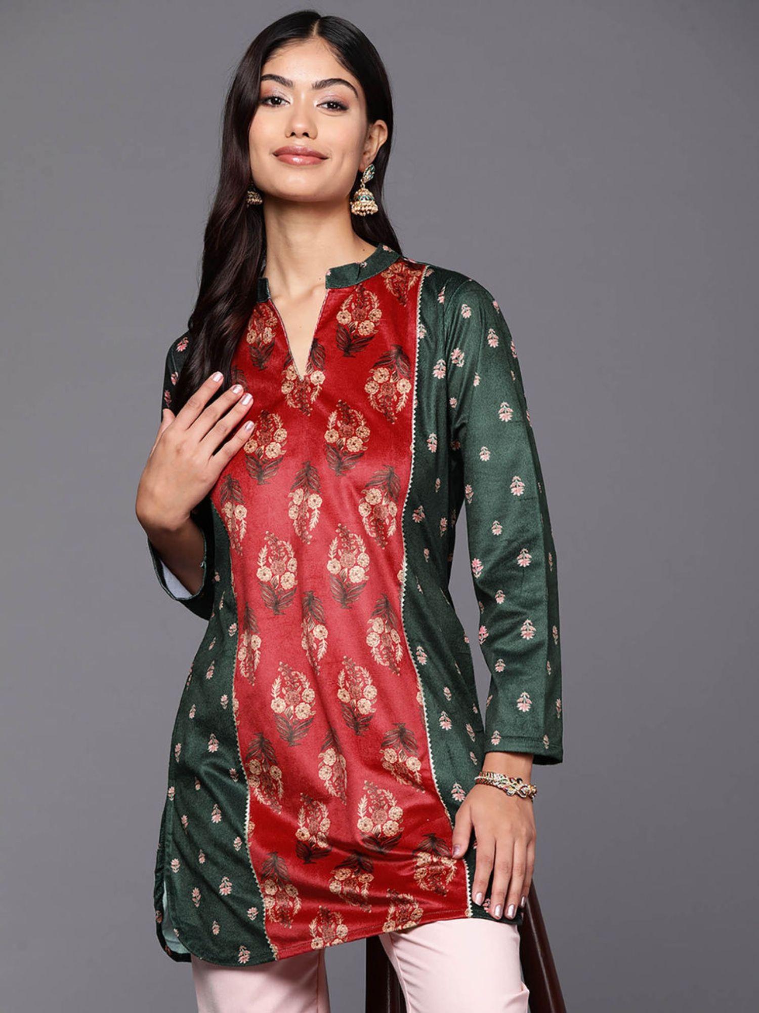 women floral full sleeves mandarin neck green tunic