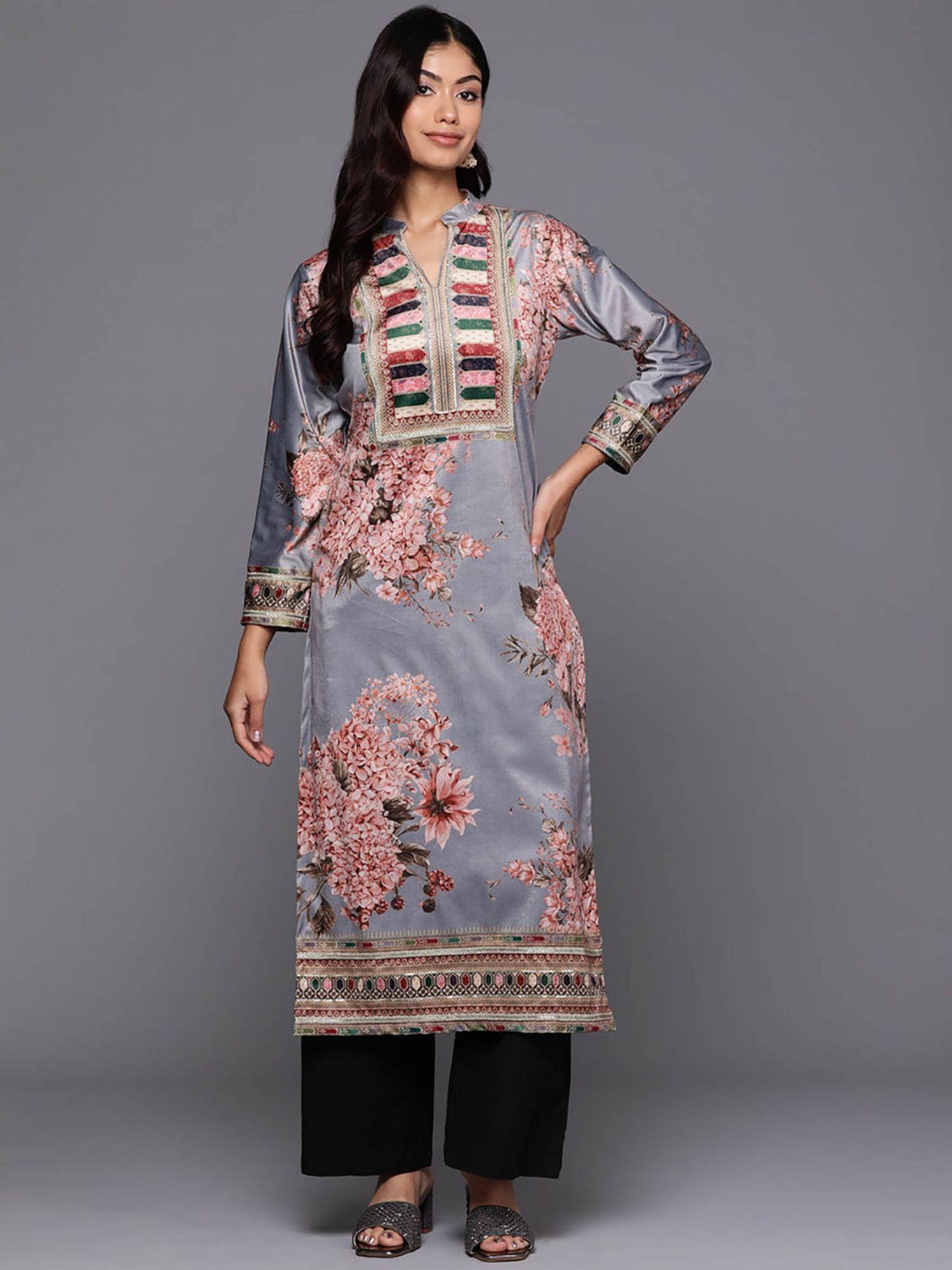 women floral full sleeves mandarin neck grey kurta