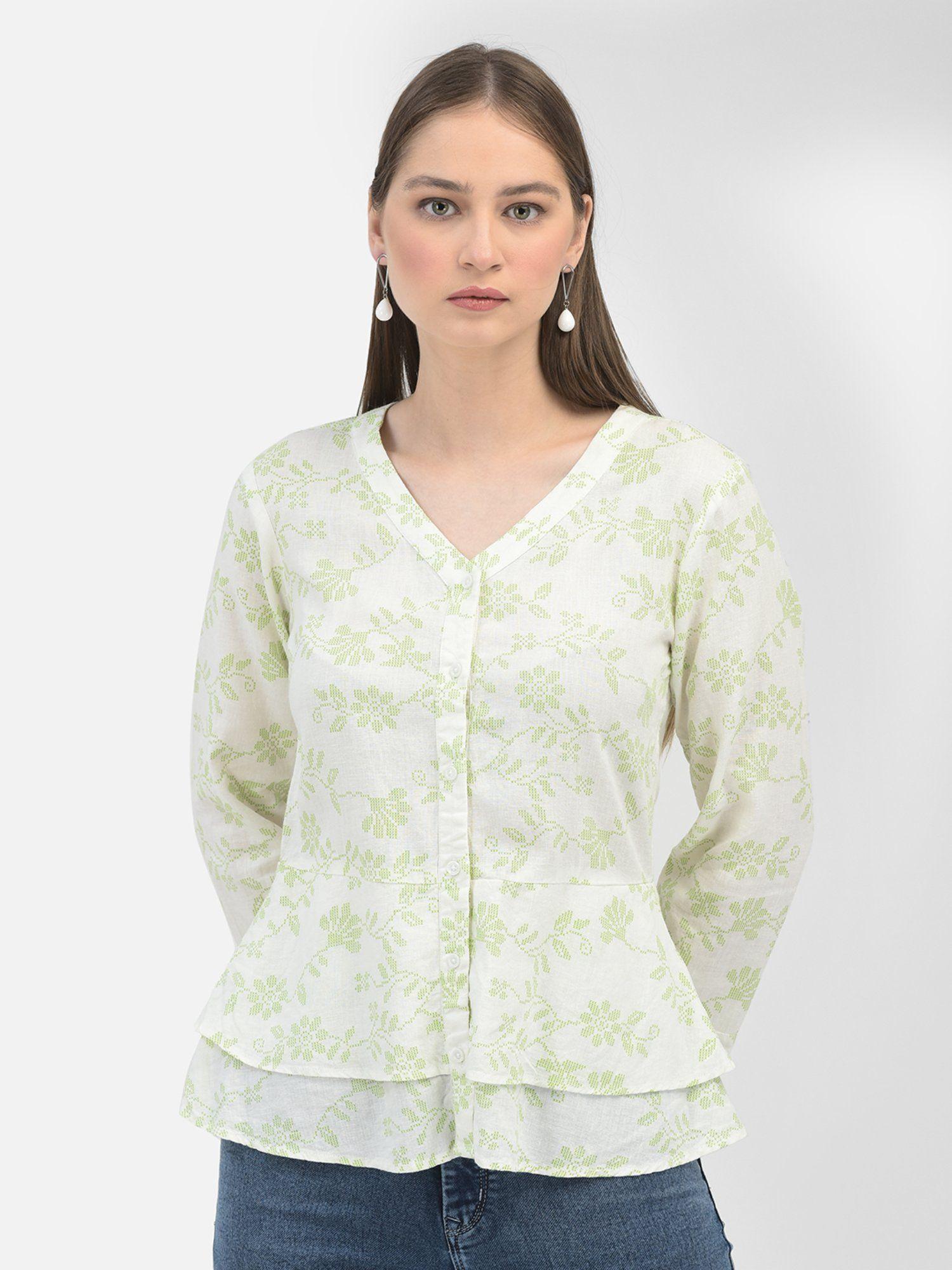 women floral green full sleeves v-neck shirt