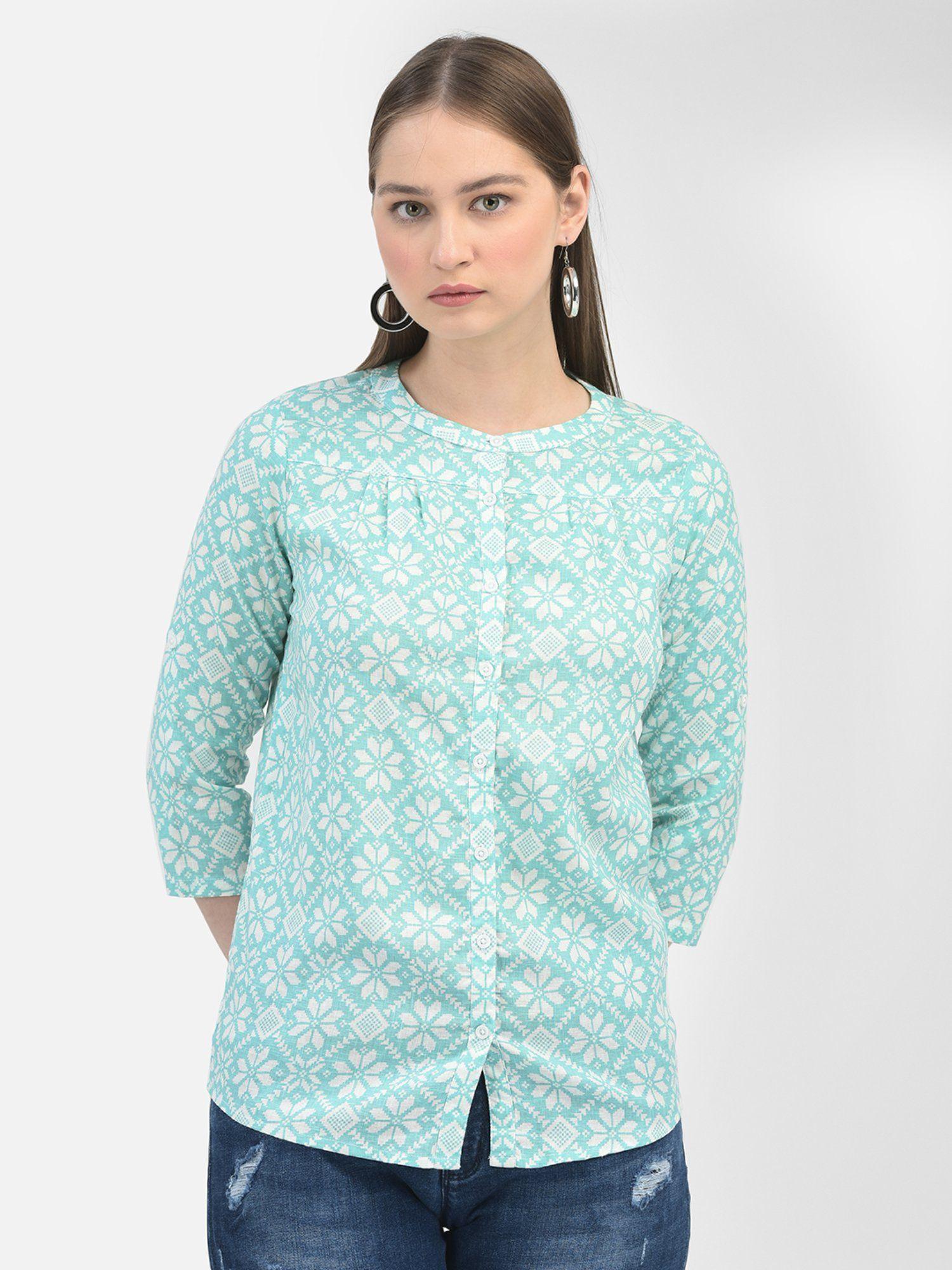 women floral green three fourth sleeves round neck shirt