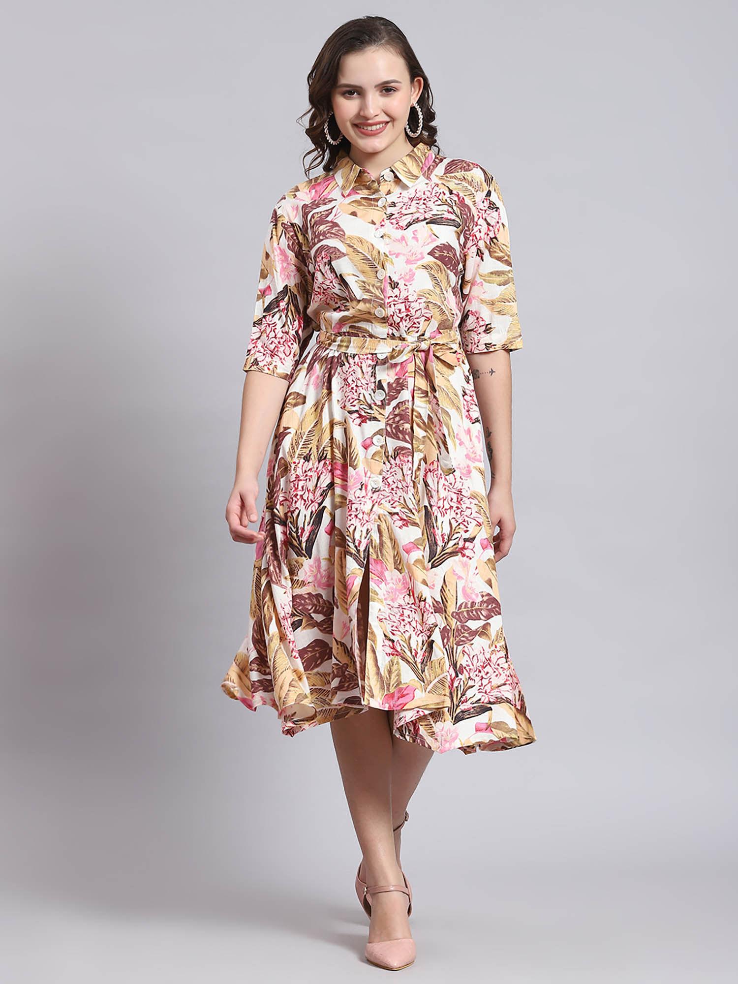 women floral half sleeves collar neck pink midi dress, belt (set of 2)