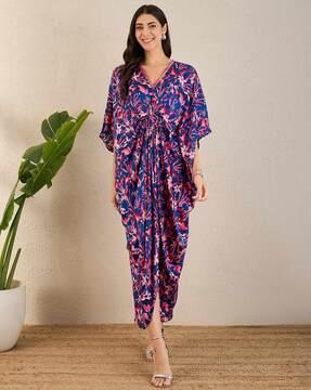 women floral kaftan dress with v-neck