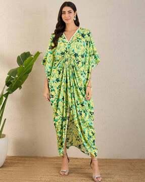 women floral kaftan dress with v-neck