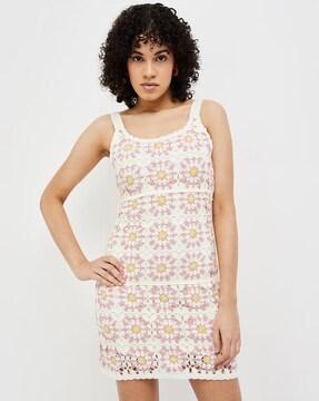 women floral-knit sheath crochet dress