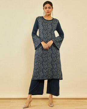 women floral-knit straight kurta & pants set