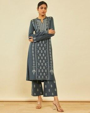 women floral-knit straight kurta & pants set