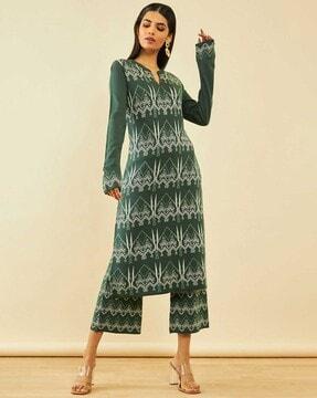 women floral-knit straight kurta & pants set