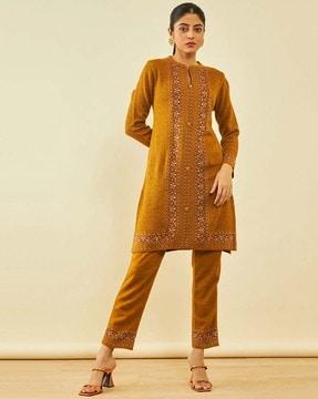 women floral-knit straight kurta & pants set