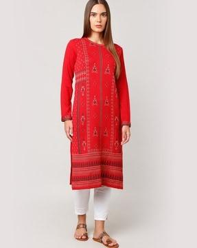 women floral-knit straight sweater kurta