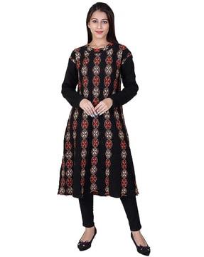 women floral-knit woolen anarkali kurta with churidar