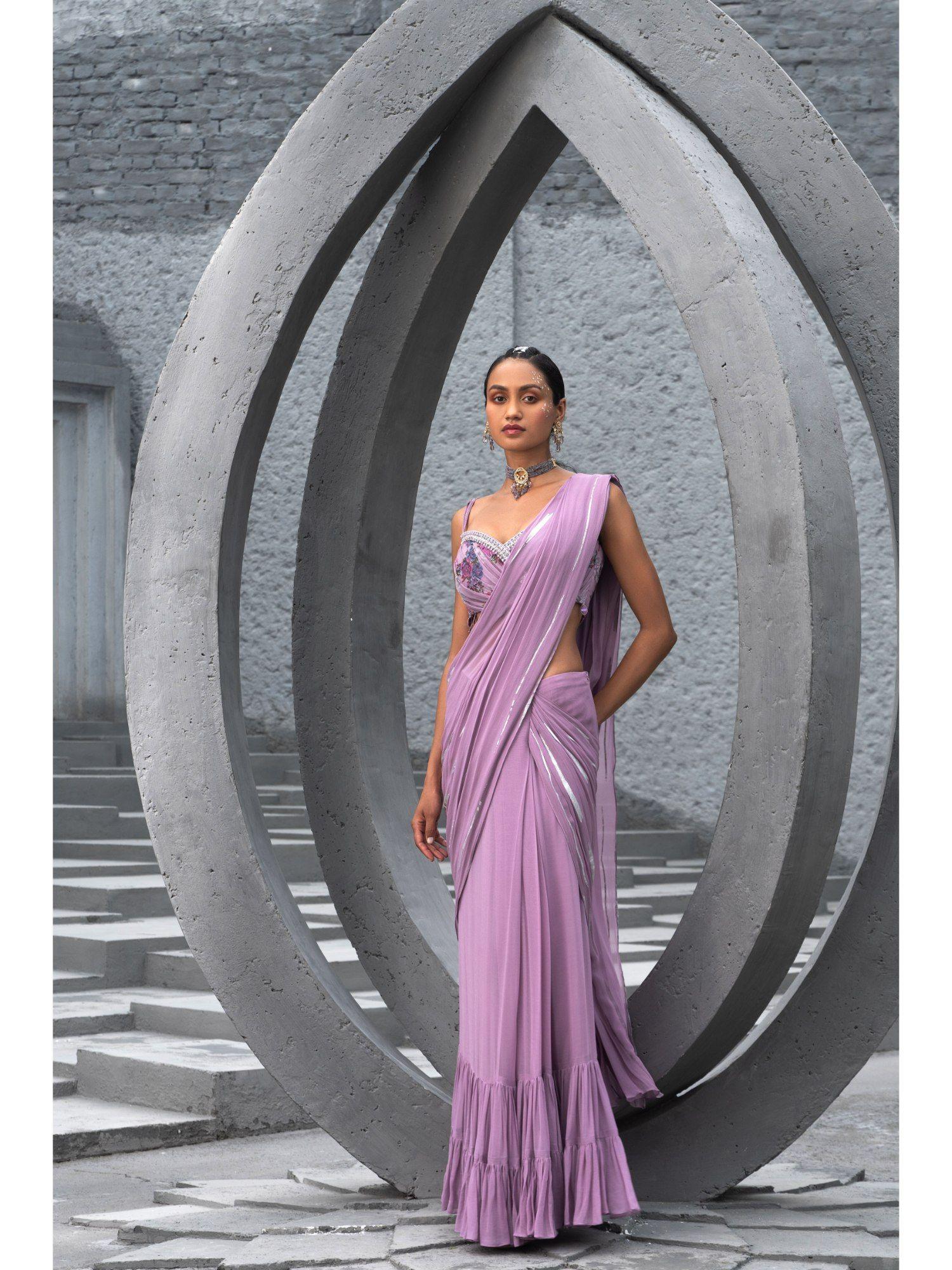 women floral lavender pre-draped saree with stitched blouse