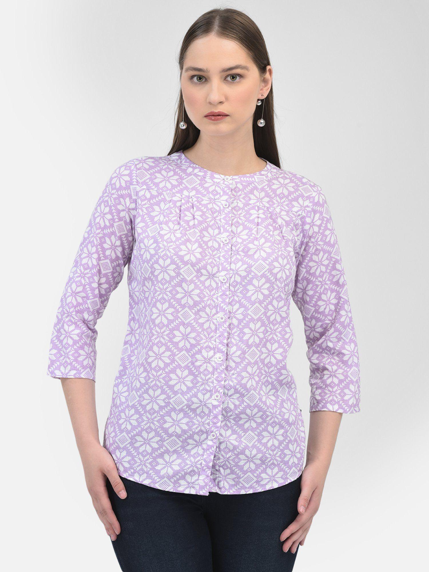 women floral lavender three fourth sleeves round neck shirt