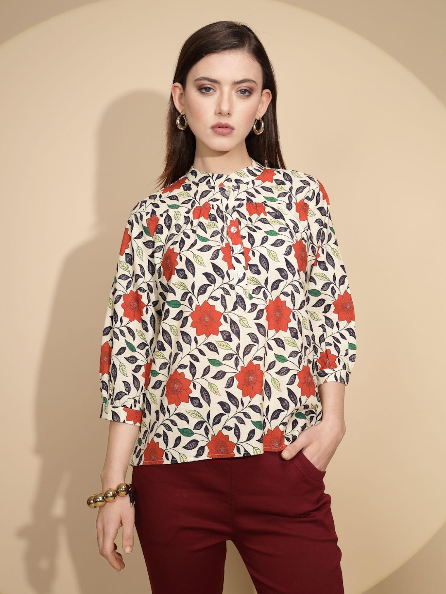 women floral multi-color three fourth sleeves mandarin neck top