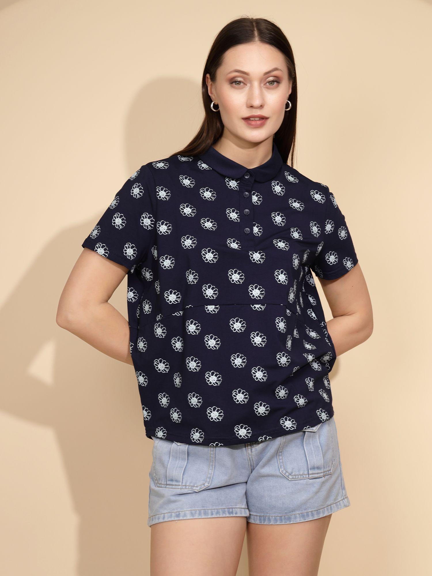 women floral navy blue half sleeves collar neck polo t-shirt