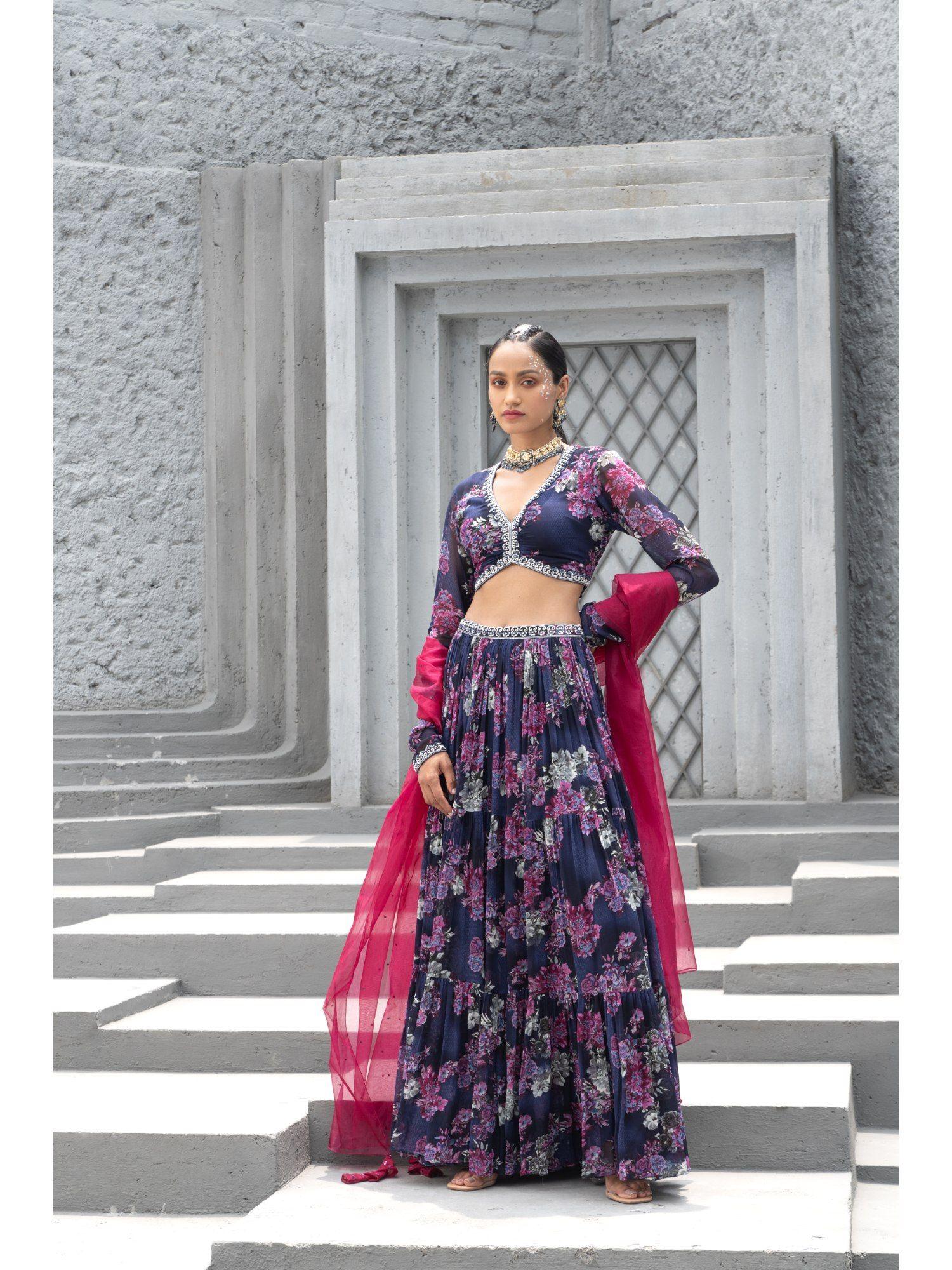 women floral navy blue lehenga with choli & dupatta (set of 3)