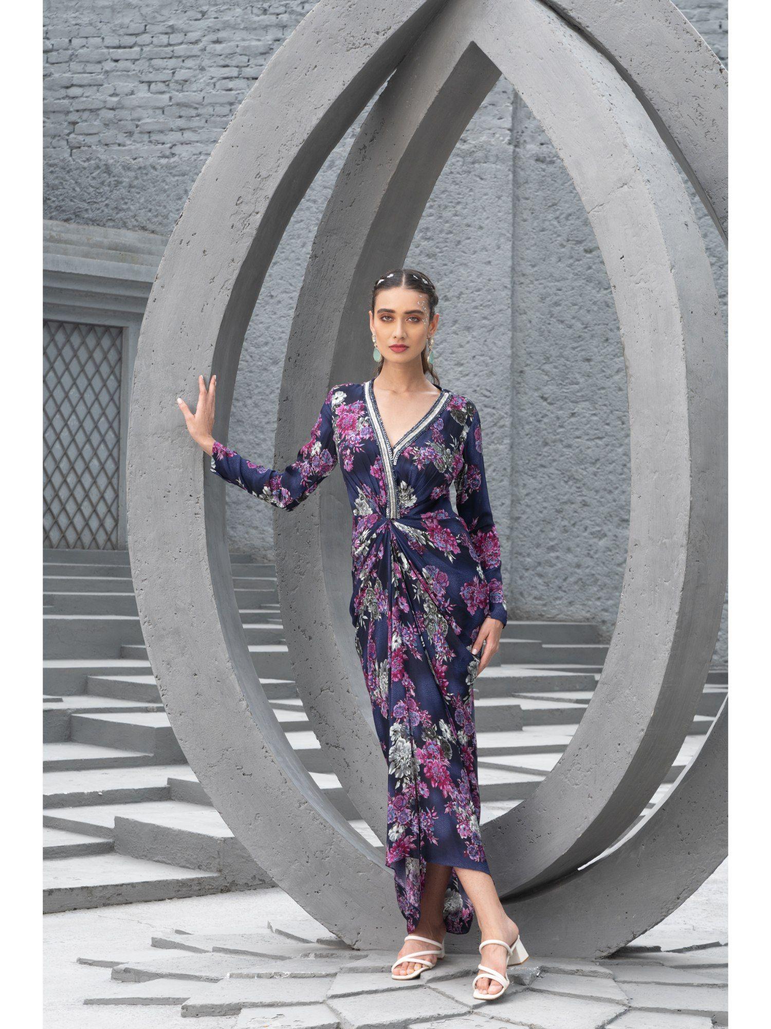 women floral navy blue maxi dress