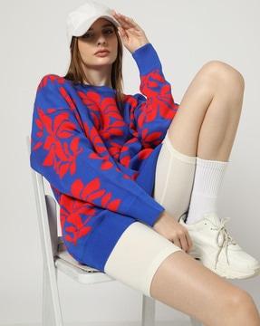 women floral pattern crew-neck pullover