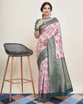 women floral pattern saree with contrast border