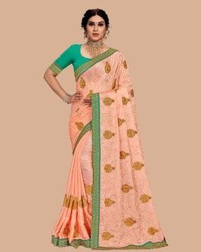 women floral pattern saree with contrast geometric zari border