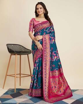 women floral pattern saree with contrast zari border