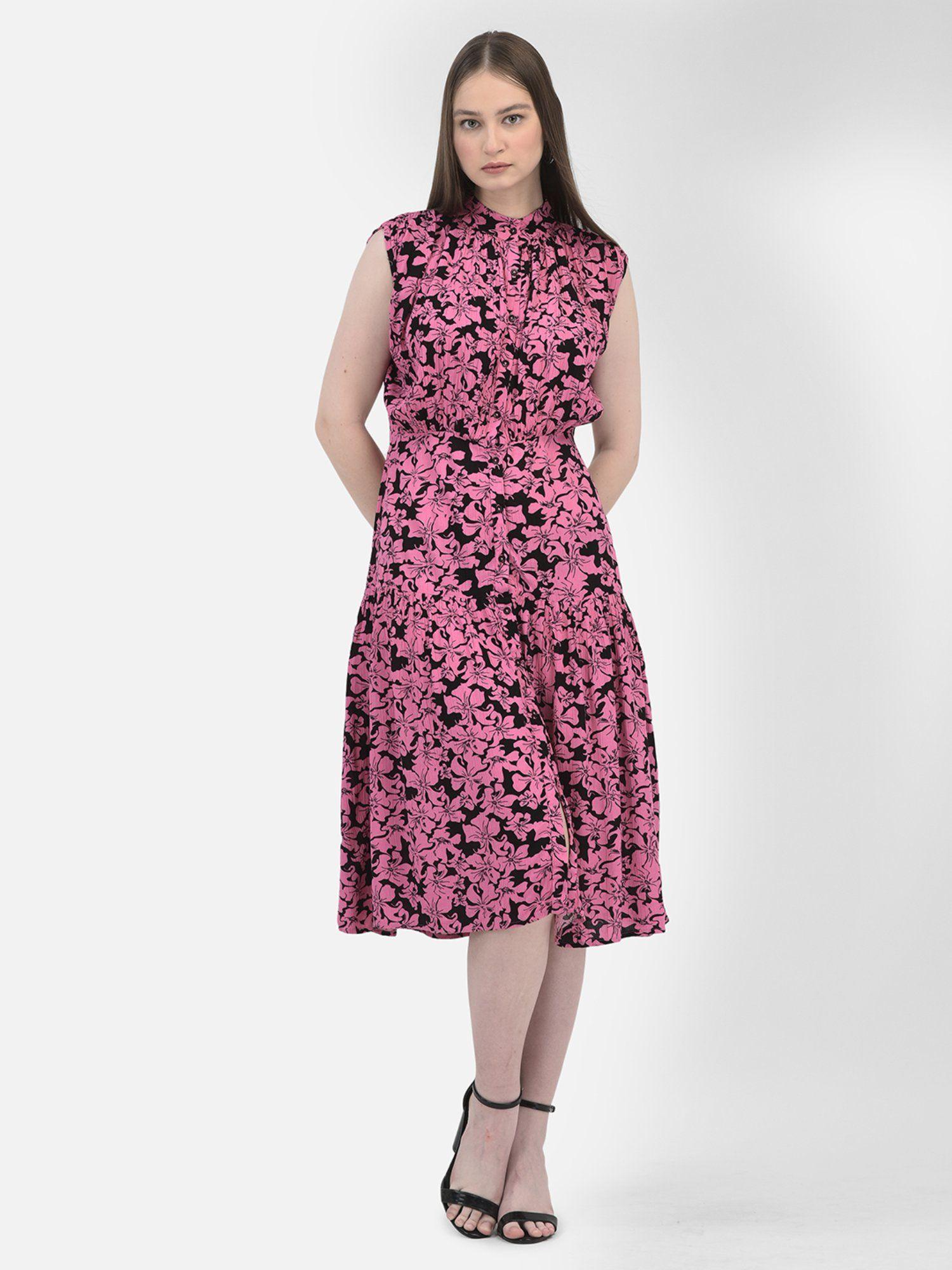 women floral pink sleeveless high neck midi dress