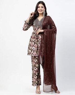 women floral print & embroidered flared kurta set with dupatta