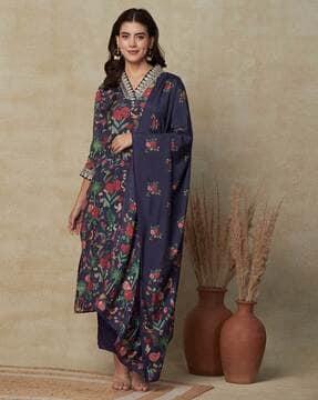 women floral print & embroidery straight kurta set with dupatta
